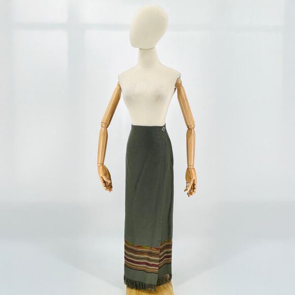 Vintage 90s Tasha Polizzi Wool Olive Southwest Fringe Wrap Maxi Skirt - Picture 1 of 9
